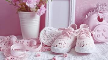 aanbiddelijk roze schoenen en accessoires ontworpen voor de modieus baby meisje foto