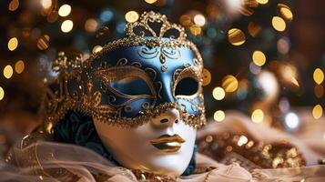 een verbijsterend carnaval masker Aan een blauw poef tegen een backdrop van gouden lichten foto