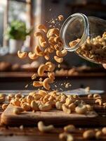 gieten cashewnoten op een houten bord foto