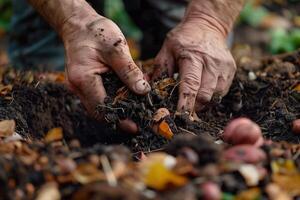 een intiem visie van handen menging rijk compost materiaal, vastleggen de essence van duurzame tuinieren. foto