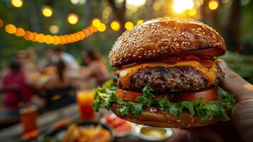 een in de hand gehouden fijnproever hamburger tegen een backdrop van een levendig buitenshuis feest. foto