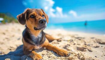 aanbiddelijk hond ontspannende Aan zonnig strand foto