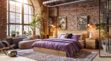 modern slaapkamer in een flat of zolder met modern modieus meubilair. groot en helder ruimte foto