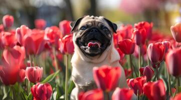 portret van een mopshond staand in de veld- met bloemen foto