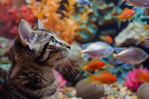 curiosa kat op zoek vis in aquarium foto