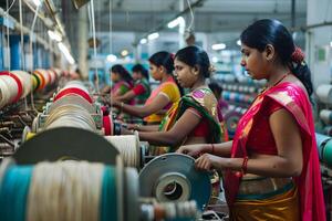 groep van Indisch vrouw werken in textiel fabriek voor arbeid illustratie foto