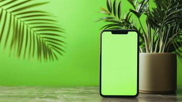 smartphone met groen scherm Aan houten tafel en groen muur achtergrond. foto