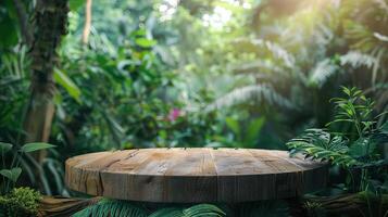 houten podium in tropisch Woud voor Product presentatie en groen achtergrond foto