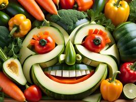 creatief gezicht gemaakt van groenten en fruit, veganistisch concept foto