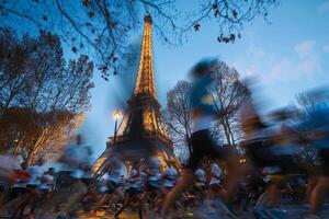 ervaring de sensatie van atletiek tegen de backdrop van de eiffel toren in Parijs Frankrijk, net zo atleten vervagen Verleden gedurende een opwindend sport- ras, gegenereerd ai foto