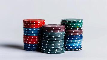 een groot aantal van veelkleurig poker chips. groot wint en opwinding van de spel foto