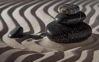 de atmosfeer van meditatie en kalmte is overgebracht door de golven Aan de zand en zen stenen. foto