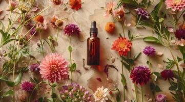 fles van essentieel olie omringd door bloemen foto