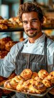 chef Holding een dienblad van vers gebakken gebakjes in bakkerij foto