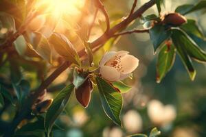 helder bloemen in bloeien met zon fakkels schijnend door bladeren, emitting een gevoel van groei en vernieuwing foto