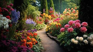 kleurrijk tuin pad met levendig bloemen foto