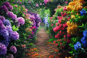 een mooi tuin vol van bloemen van veel kleuren. foto