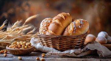 vers gebakken brood in een rieten mand met tarwe en pinda's foto