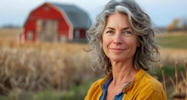 vrouw staand in voorkant van rood schuur foto