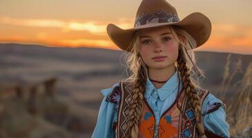 jong meisje in cowboy hoed en blauw overhemd foto