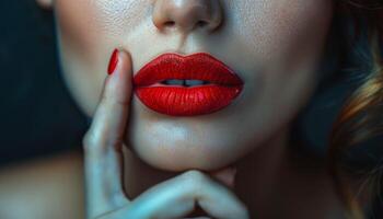 vrouw vervelend rood lippenstift Aan haar gezicht. foto