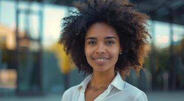 portret van een glimlachen vrouw met gekruld haar- in een stad instelling foto