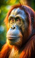 portret van een volwassen orangoetan in de regenwoud foto