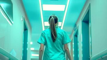 gezondheidszorg professionals stormloop door ziekenhuis hal, volledige lengte visie van artsen en verpleegsters in foto