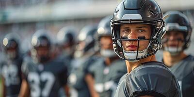 Amerikaans Amerikaans voetbal spelers in een grijs helm en wit uniform draaide zich om in de omgeving van en bekleed omhoog voordat oefening. kopiëren ruimte foto