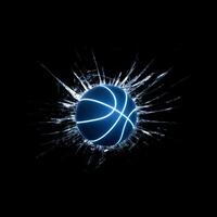 snel basketbal bal blauw gloeiend neon lijnen. door gebroken glas Aan zwart achtergrond foto