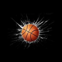 snel basketbal bal. door gebroken glas Aan zwart achtergrond foto