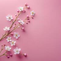 klein wit zacht bloemen Aan blanco rood roze achtergrond met kopiëren ruimte. kers bloesem boeket in voorjaar door foto