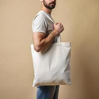 tote zak model. Mens draag- herbruikbaar wit katoen linnen eco biologisch kleding stof canvas blanco totebag Aan beige achtergrond. foto