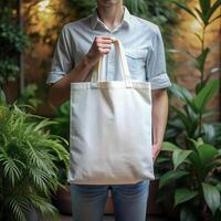 tote zak model. Mens Holding herbruikbaar wit katoen linnen eco biologisch kleding stof canvas blanco totebag met groen bladeren fabriek bomen achtergrond foto