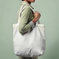 vrouw Holding herbruikbaar wit katoen linnen eco biologisch kleding stof canvas tote zak Aan groen blanco achtergrond voor mockup foto