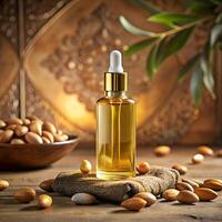 argan olie in fles met argan noot zaden Aan mooi gouden luxe tafereel achtergrond, gebruikt voor kunstmatig huid haar- zorg en gezond culinaire doel foto