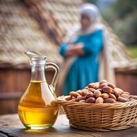 argan zaden in geweven mand en haar olie gebruikt voor kunstmatig haar- huid zorg en gezond culinaire doel. authentiek natuurlijk Product, Marokko. foto