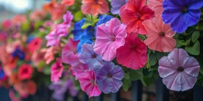 levendig petunia bloei in een stad balkon tuin foto