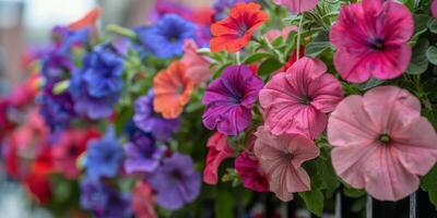 levendig petunia bloei in een stad balkon tuin foto