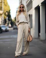 vrouw in beige trui en breed legged broek foto