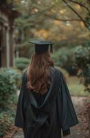 afstuderen vrouw wandelingen naar beneden pad foto