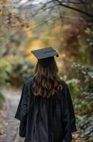 afstuderen vrouw wandelingen naar beneden pad foto