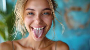 vrouw maken grappig gezicht met tong uit foto