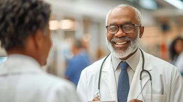 een mannetje dokter in een wit laboratorium jas in een modern kliniek foto