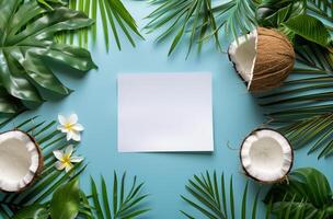 blanco papier omringd door kokosnoten en bladeren foto