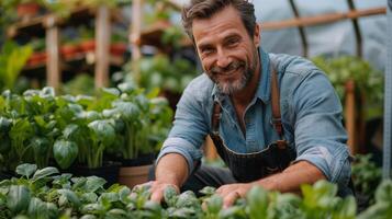 Mens in overall geknield in tuin foto