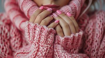 dichtbij omhoog van persoon vervelend roze trui foto