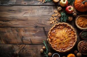 een taart omringd door dankzegging voedingsmiddelen Aan houten tafel foto