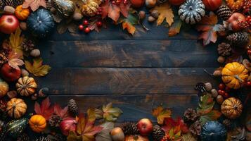 houten tafel weergegeven met divers herfst decoraties foto