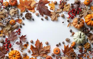 wit oppervlakte met herfst bladeren en eikels foto